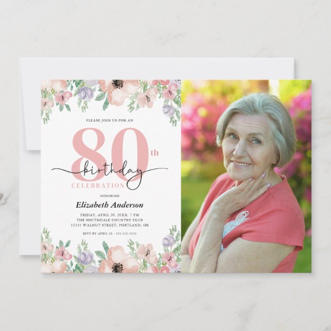 80th Birthday Party Elegant Pastel Floral Photo Invitation (Front)