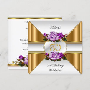 80th Birthday Party Elegant Purple Gold Roses B Invitation