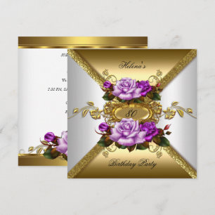 80th Birthday Party Elegant Roses Purple Gold Invitation