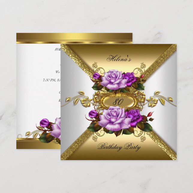 80th Birthday Party Elegant Roses Purple Gold Invitation (Front/Back)