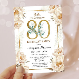 80th Birthday Party Elegant White Peony Floral Invitation