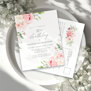 80th Birthday Party Feminine Pink Floral Invitation Postcard