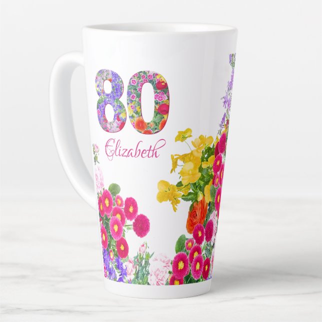 80th birthday party floral bouquet latte mug (Left Angle)
