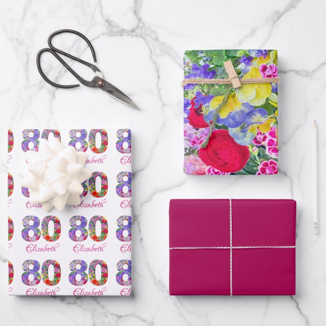 80th birthday party floral modern wrapping paper (Front)