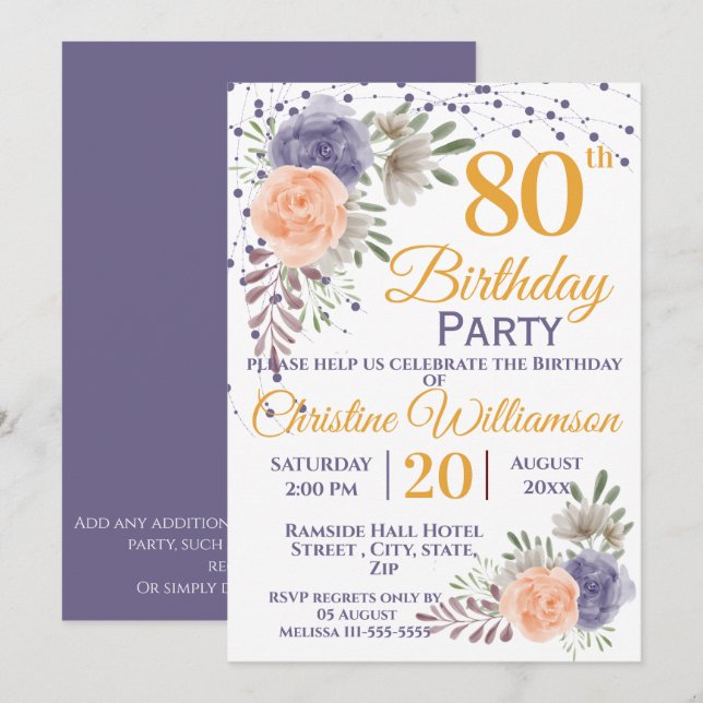 80th Birthday Party Floral Peony Purple Invitation (Front/Back)
