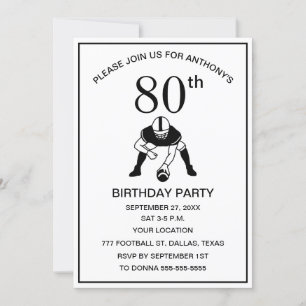 80th Birthday Party Football Black Dad Sport Invitation