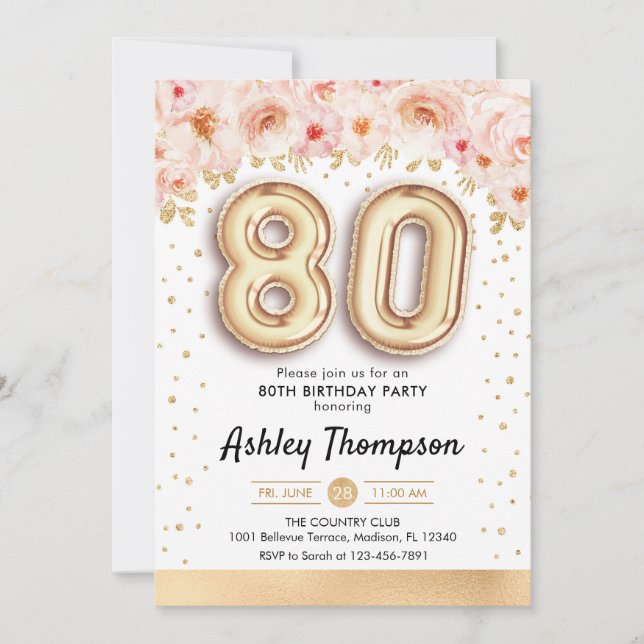 80th Birthday Party - Gold Balloons Invitation (Front)