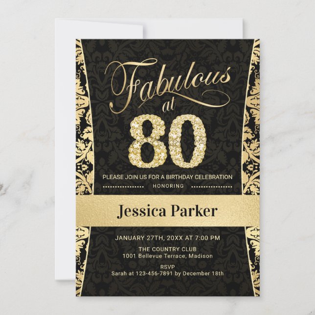 80th Birthday Party - Gold Black Invitation (Front)