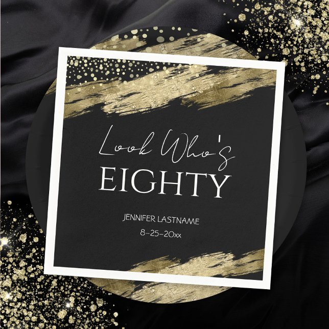 80th Birthday Party Gold Black Look Who's Napkin (Creator Uploaded)