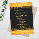 80th birthday party gold black sparkle invitation<br><div class="desc">A modern,  stylish and glamourous invitation for a woman's 80th birthday party.  A chic black background with faux glitter and sparkle. The name is written with a modern golden hand lettered style script.  Templates for your party details.</div>
