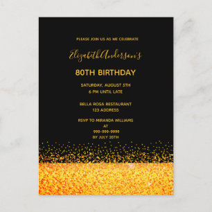 80th birthday party gold black sparkle invitation postcard