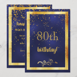 80th birthday party gold frame blue invitation