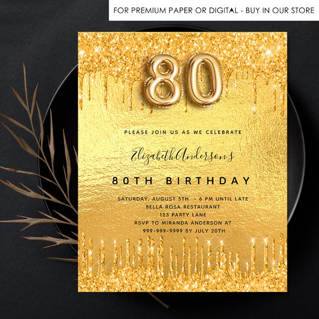 80th birthday party gold glitter budget invitation flyer (Creator Uploaded)