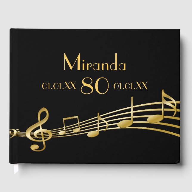 80th birthday party gold music notes on black guest book (Front)