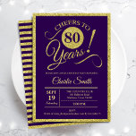 80th Birthday Party - Gold Purple ANY AGE Invitation<br><div class="desc">80th birthday party invitation for men or women. Elegant invite card in purple with faux glitter gold foil. Features typography script font. Cheers to 80 years! Can be personalized into any year. Perfect for a milestone adult bday celebration.</div>