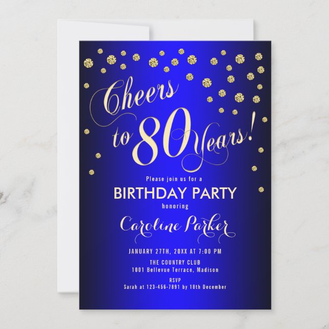 80th Birthday Party - Gold Royal Blue Invitation (Front)