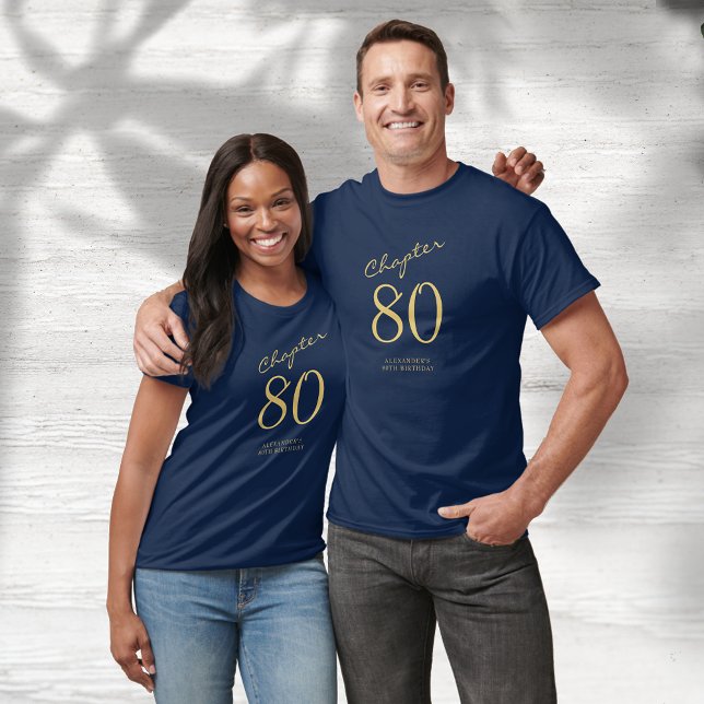 80th Birthday Party Gold Script Blue T-Shirt (Creator Uploaded)