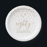 80th Birthday Party Gold Triangle Confetti White Paper Plate<br><div class="desc">Help her celebrate her 80th birthday in style with this simple but elegant design, featuring faux gold foil triangular confetti sifting down on the word "eighty" in gold handwriting font on a white background. Personalize it with the name of the honoree in gold sans serif font, along with the occasion...</div>