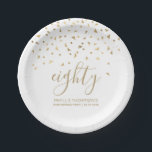 80th Birthday Party Gold Triangle Confetti White Paper Plate<br><div class="desc">Help her celebrate her 80th birthday in style with this simple but elegant design, featuring faux gold foil triangular confetti sifting down on the word "eighty" in gold handwriting font on a white background. Personalize it with the name of the honoree in gold sans serif font, along with the occasion...</div>