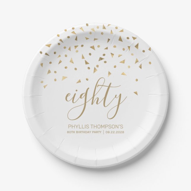 80th Birthday Party Gold Triangle Confetti White Paper Plate (Front)