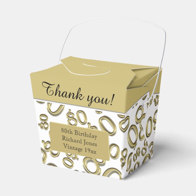 80th Birthday Party Gold/White Number Pattern Favor Box (Front Side)