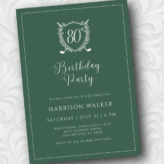 80th Birthday Party Golf Crest Elegant Script Sage Invitation