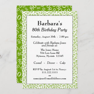 80th Birthday Party Green and White Number Pattern Invitation