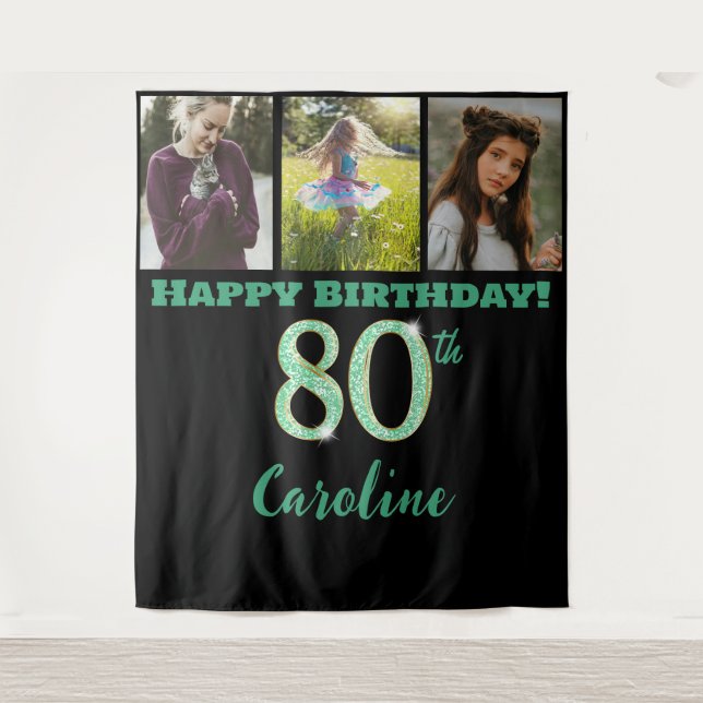 80th Birthday Party, Green Glitter & 3 photos Tapestry (Front)