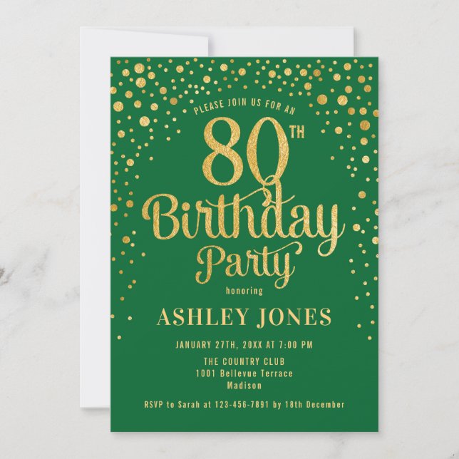80th Birthday Party - Green & Gold Invitation (Front)