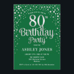 80th Birthday Party - Green & Silver Invitation<br><div class="desc">80th Birthday Party Invitation.
Elegant design in forest emerald green and faux glitter silver. Features stylish script font and confetti. Message me if you need custom age.</div>