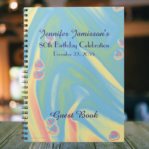 80th Birthday Party Guest Book, Blue with Hearts Notebook