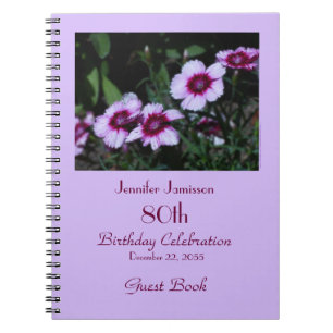 80th Birthday Party Guest Book, Purple Flowers Notebook