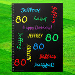 80th Birthday Party Guest Book, Repeat Name Black Notebook<br><div class="desc">What a wonderful, personalized Guest Book for an 80th birthday party or any other occasion. On the cover, Name and Age repeats in different fonts and primary colours on a black background. Easy to personalize - just CHANGE NAME, AGE, and OCCASION in ONE PLACE. Supports name up to 9 characters....</div>