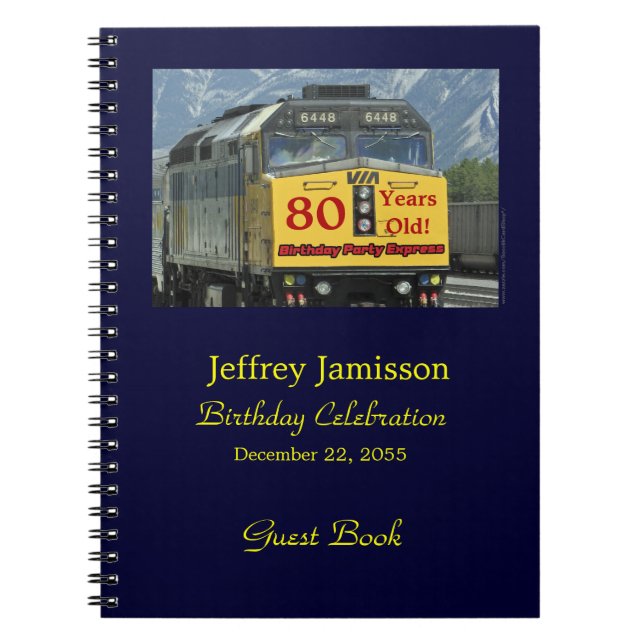 80th Birthday Party Guest Book Yellow Train Spiral (Front)