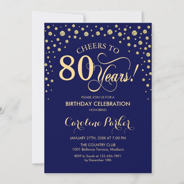 80th Birthday Party Invitation - Gold Navy Blue (Front)