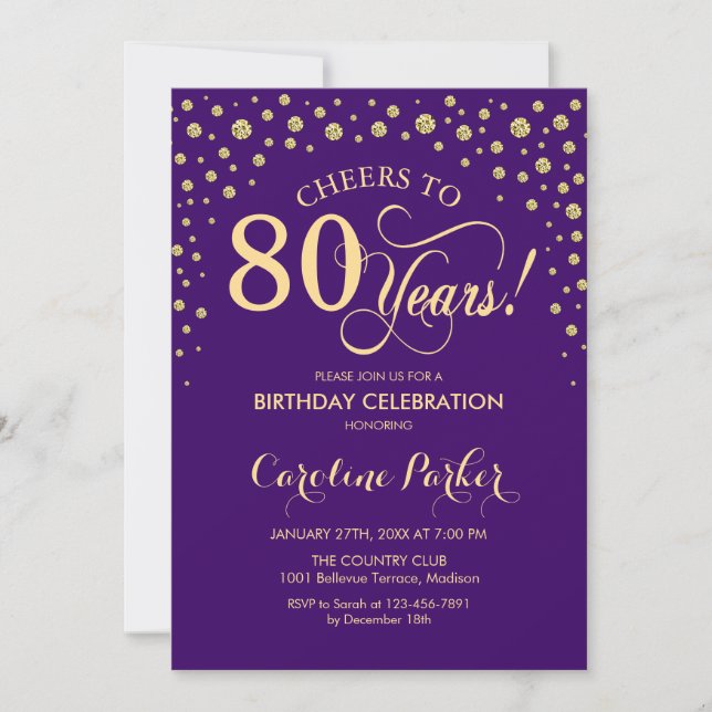 80th Birthday Party Invitation - Gold Purple (Front)