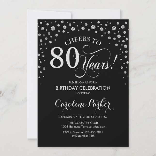 80th Birthday Party Invitation - Silver Black (Front)