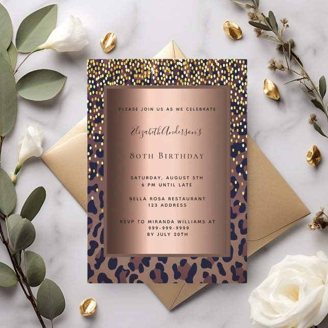 80th Birthday Party leopard print bronze Invitation (Creator Uploaded)