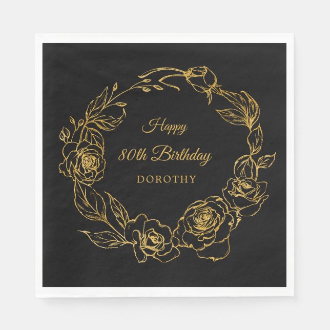 80th Birthday Party Luxe Gold Rose Black Cocktail Napkin (Front)