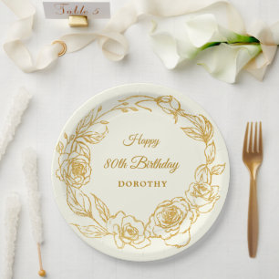 80th Birthday Party Luxe Gold Rose Floral Ivory Paper Plate