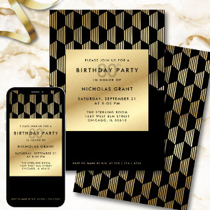 80th Birthday Party Modern Black and Gold Foil Invitation