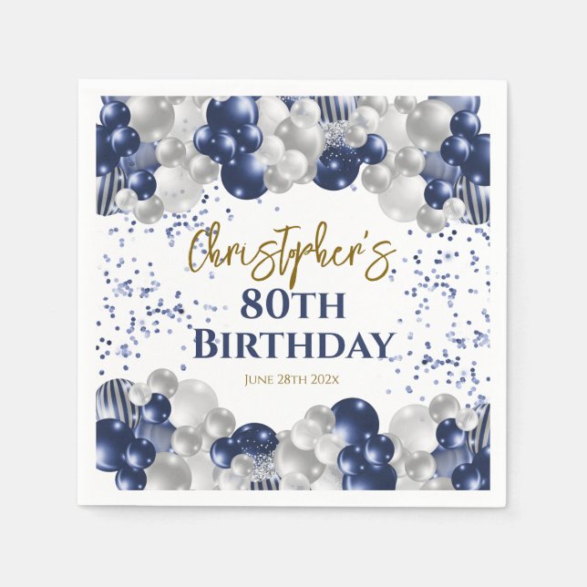 80th Birthday Party Navy Balloons Napkin (Front)