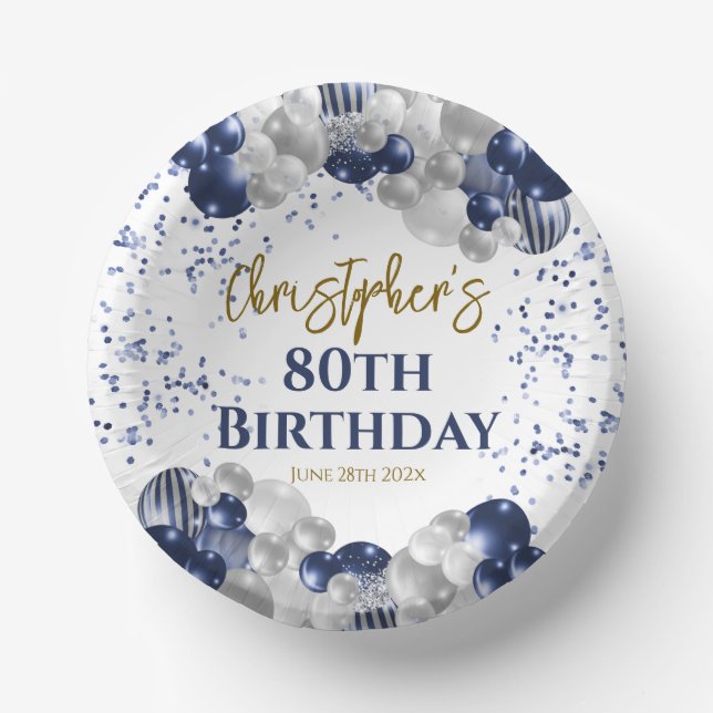 80th Birthday Party Navy Balloons Paper Plate (Front)