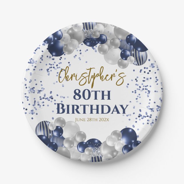 80th Birthday Party Navy Balloons Paper Plate (Front)