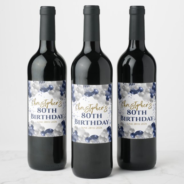 80th Birthday Party Navy Balloons Wine Label (Bottles)