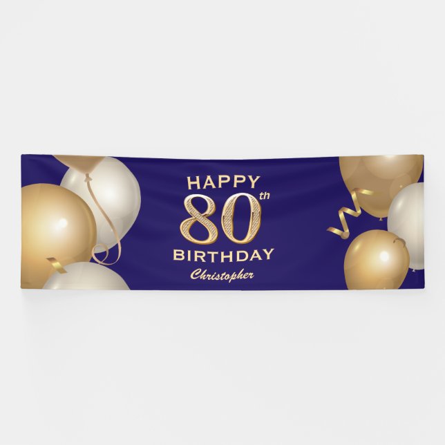80th Birthday Party Navy Blue and Gold Balloons Banner (Horizontal)