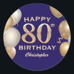 80th Birthday Party Navy Blue and Gold Balloons Classic Round Sticker<br><div class="desc">80th Birthday Party Navy Blue and Gold Balloons and Confetti Sticker. For further customization,  please click the "Customize it" button and use our design tool to modify this template.</div>