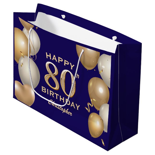 80th Birthday Party Navy Blue and Gold Balloons Large Gift Bag (Front Angled)