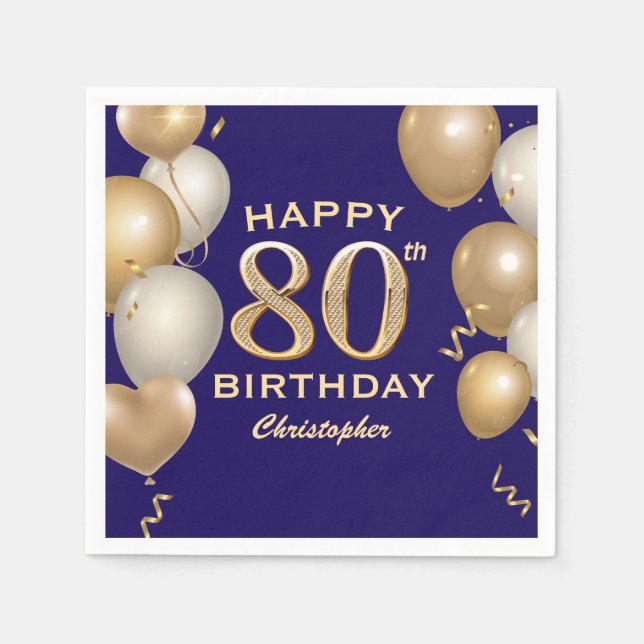 80th Birthday Party Navy Blue and Gold Balloons Napkin (Front)