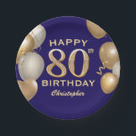 80th Birthday Party Navy Blue and Gold Balloons Paper Plate<br><div class="desc">80th Birthday Party Navy Blue and Gold Balloons and Confetti Paper Plates. For further customization, please click the "Customize it" button and use our design tool to modify this template.</div>